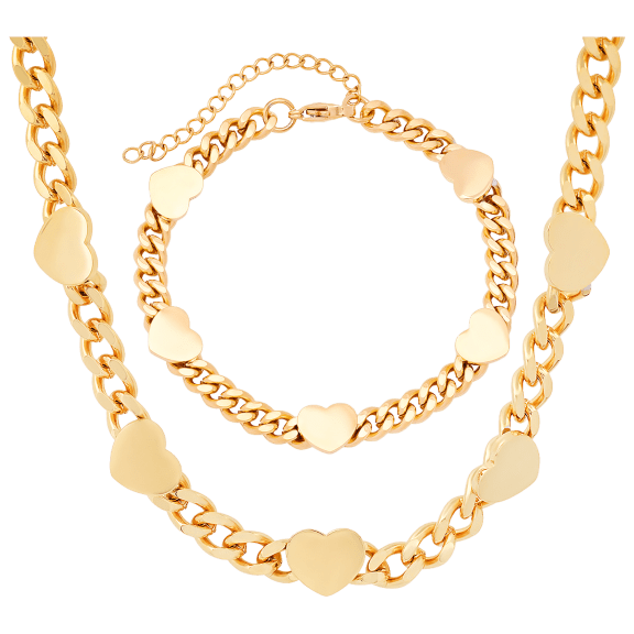 Steeltime Juego de Pulsera y Collar con Dijes de Corazones en Cadena Cubana