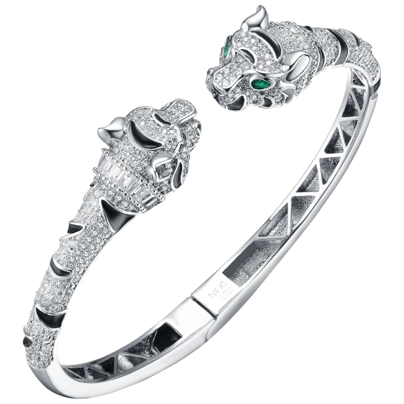 Genevive Rhodium Plated Panther Fauna Bracelet with Striped Black Inlaid
