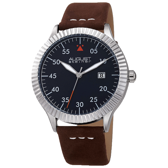 August Steiner Men's Pilot Style Grooved Leather Strap Watch
