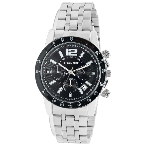 Steeltime Men's Black Alloy Face Watch With Stainless Steel Backing & Strap