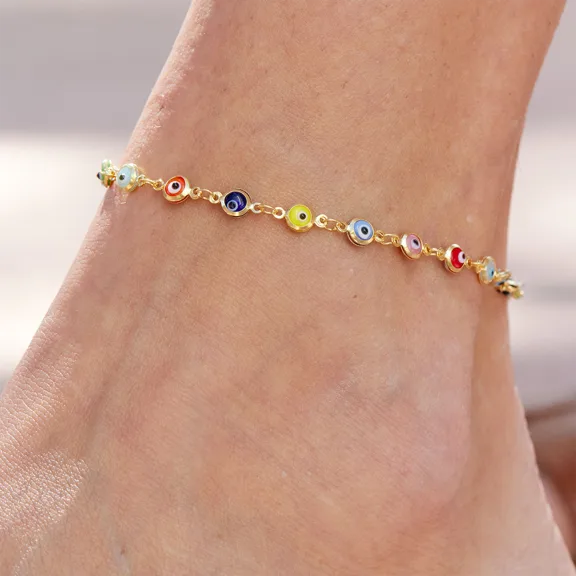 Savvy Cie Gold Over Sterling Silver Multi Color Evil Eye Anklet