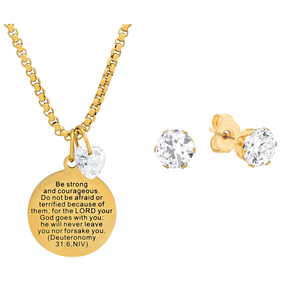 Steeltime Colgante "Sé Fuerte y Valiente" y Aretes Corazón Swarovski