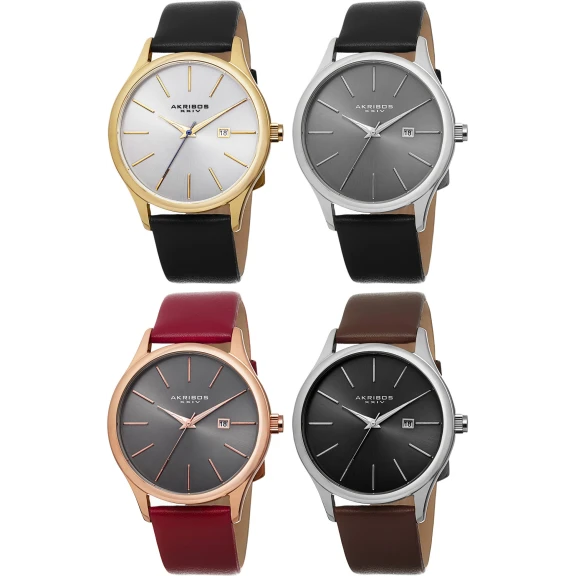 Akribos Men’s Sunray Dial Date Display Leather Strap Watch