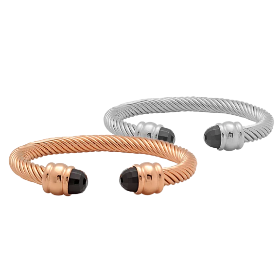 18K Plated Cable Bracelet with Black Crystal Ends