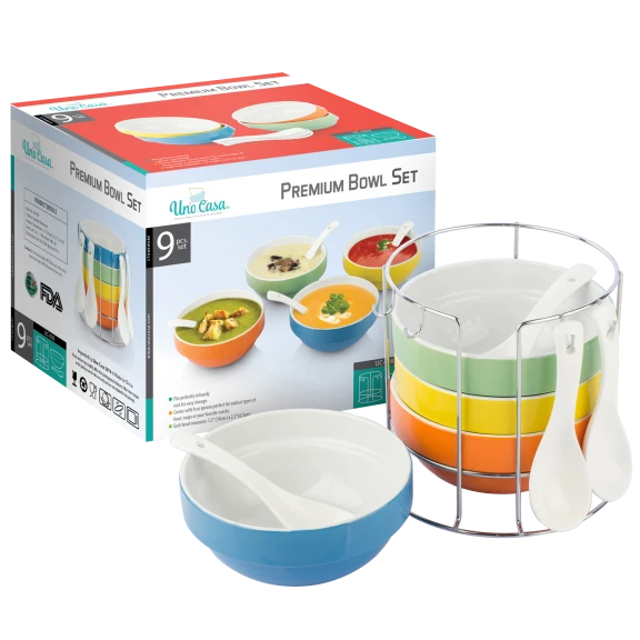 Uno Casa 9-Piece Premium Bowl Set with Stand