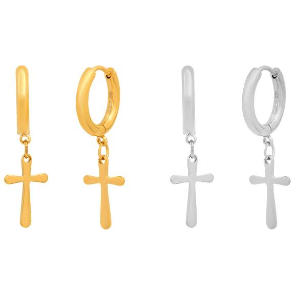 Steeltime Set of 2 Black Ion Plate Dangling Cross Charm Huggie Hoop Earrings
