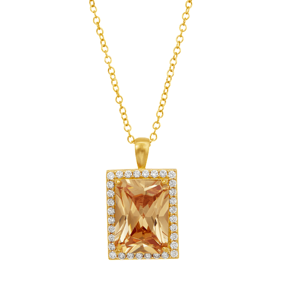 Savvy Cie Emerald Cut Champagne Cubic Zirconia Halo Necklace