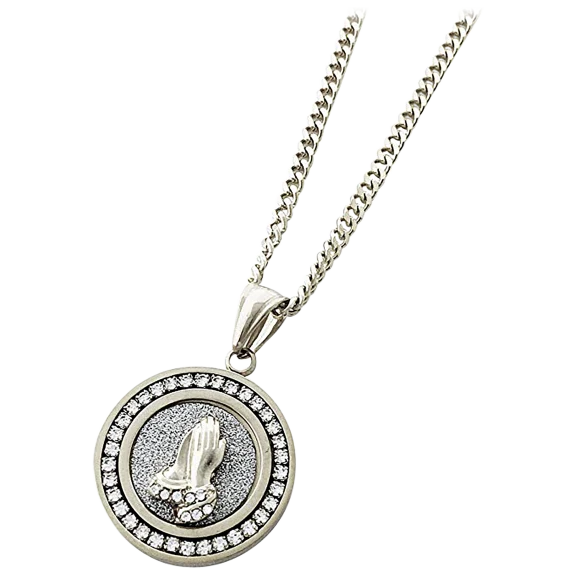 Golden NYC Silvertone Praying Hands CZ Pav'e Circular Necklace