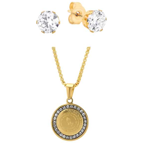 Steeltime Serenity Prayer Pendant & Simulated Diamond Stud Earrings Set
