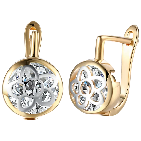 Golden NYC Jewelry Gold Plated CZ Floral Design Hinge Earrings