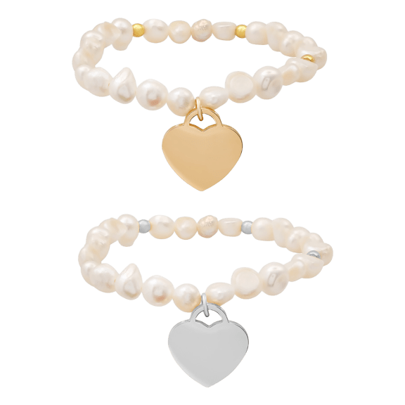 Steeltime 2 Pulseras Elásticas Perlas de Agua Dulce Corazón