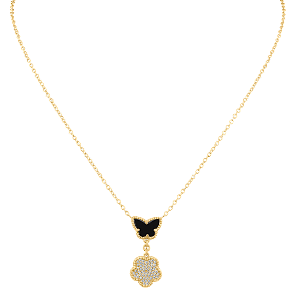 Kenneth Jay Lane Butterfly Pendant Necklace with Pavé Clover Drop