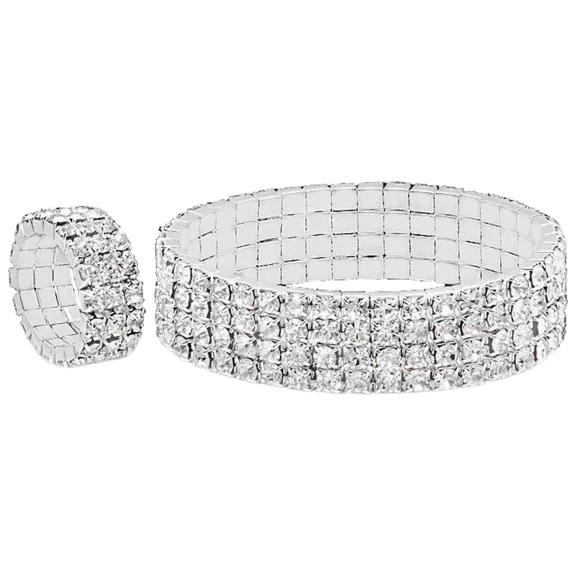 Steeltime Juego de Pulsera y Anillo Ajustables de Múltiples Filas con Diamantes