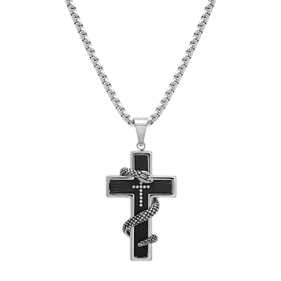 Iron Saints Stainless Steel Cross Pendant with Black Onyx & Wrapped Serpent