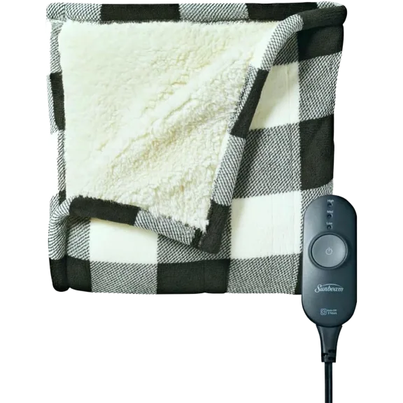 Sunbeam Plaid Microplush Sherpa Heated Throw Blanket