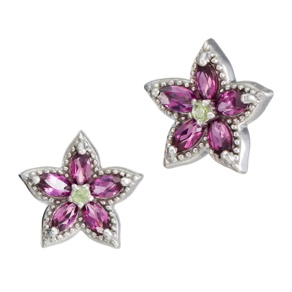 The Sterling Silver Rhodolite Flower Stud Earrings