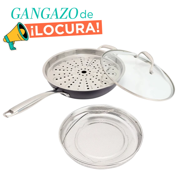 Fabio Viviani Sartén con 2 Insertos Acero Inoxidable y Tapa de Vidrio Abovedada
