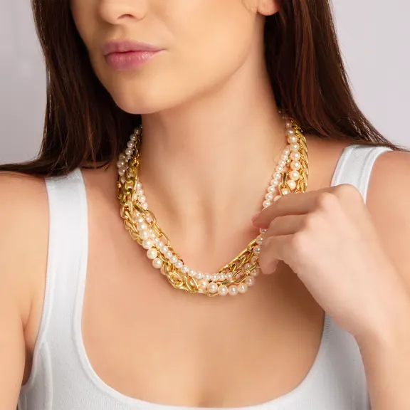 Martha Stewart Four Twisted Strand Pearl and Chain Necklace Gold 18-21"