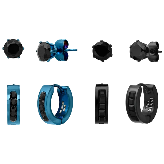 Steeltime Men’s 8-Piece Black & Blue Ion Plated Studs & Huggie Hoops Set