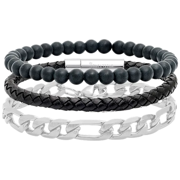 Steeltime Men’s Leather, Lava Bead & Stainless Steel Figaro Bracelet Set