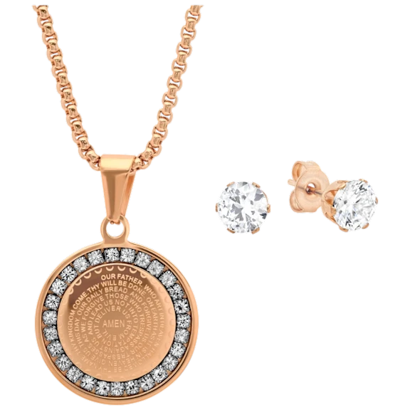 Steeltime Ladies Round Pendant & Simulated Diamond Earrings