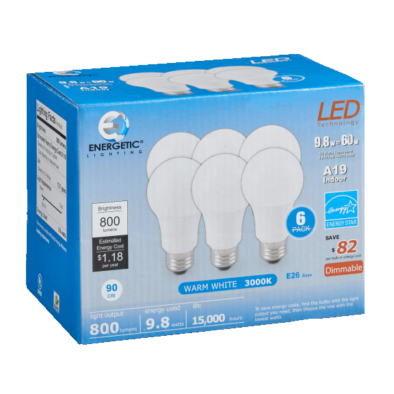 6-Pack: Energetic Lighting A19 9.8W E26 Base LED Dimmable Bulb