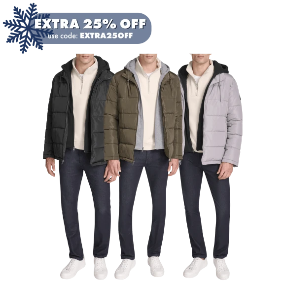 Kenneth Cole New York Men's Hooded Puffer with Inner Jersey Knit Bib