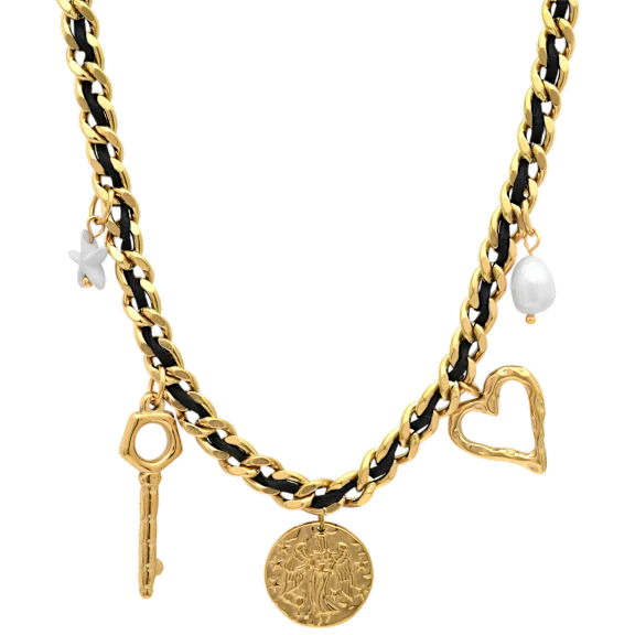 Saffron Multi-Charm Chain Necklace with Key, Heart & Pearl Accents