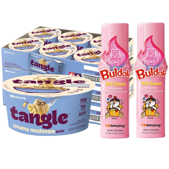 20-Pack: Samyang Tangle Creamy Mushroom Pasta Big Bowl & Buldak Hot Sauce