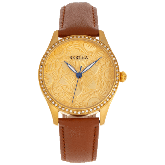 Bertha Dixie Floral Engraved Leather Band Watch