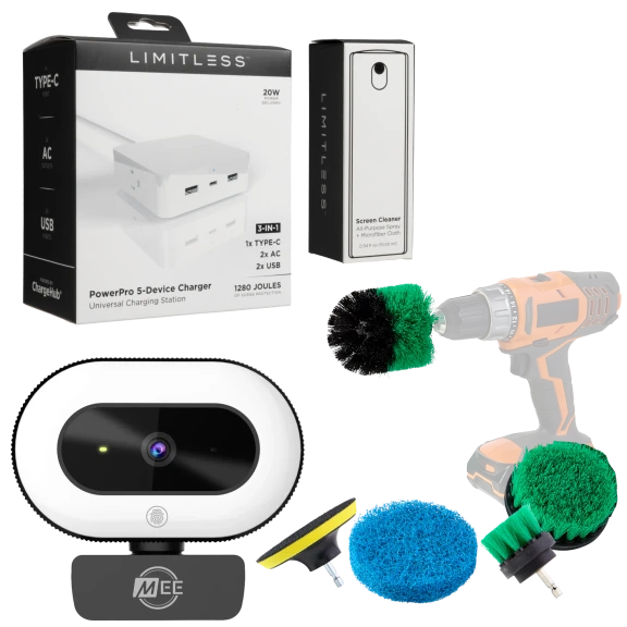 Limitless 5-Device Charger + Screen Cleaner + Webcam + Spin Brush Drill Head Set