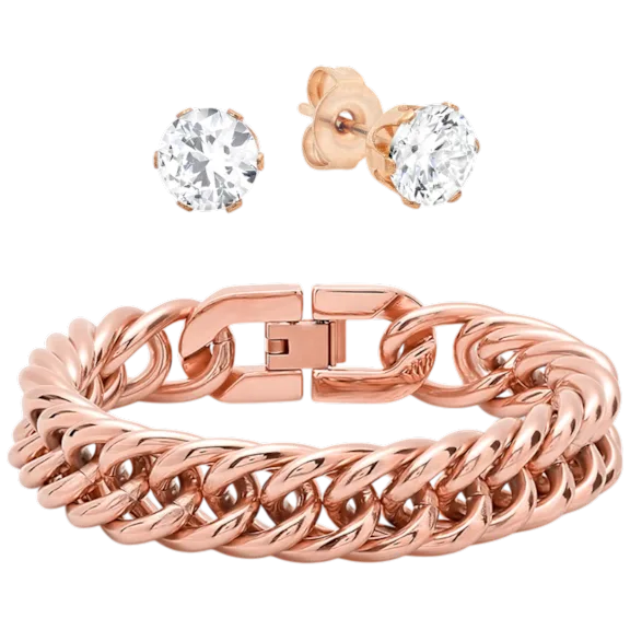 Steeltime Ladies Link Bracelet & Simulated Diamond Earrings