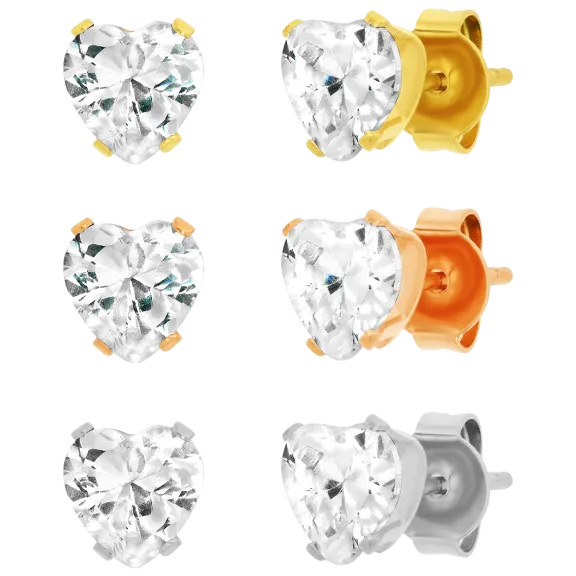 3-Pack: Steeltime Assorted Heart Shaped Simulated Diamond Stud Earrings
