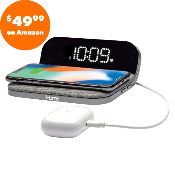 iHome 15W Wireless Charger with Alarm Clock and USB-A Port