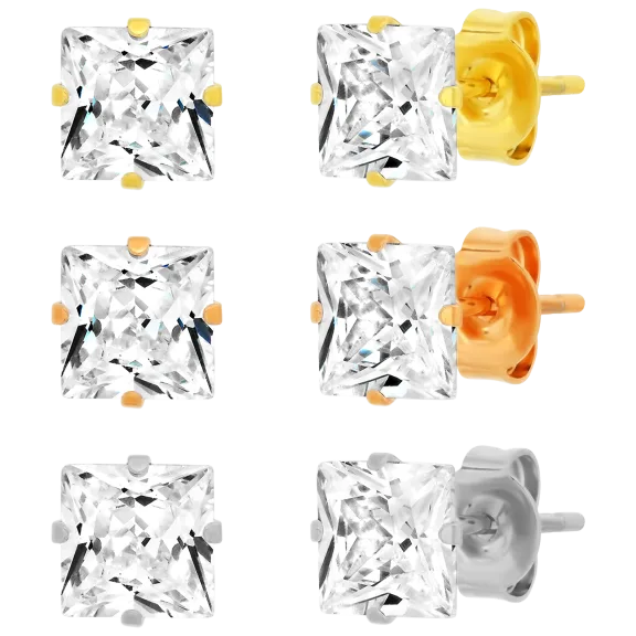 3-Pack: Steeltime Assorted Princess Cut Simulated Diamond Stud Earrings
