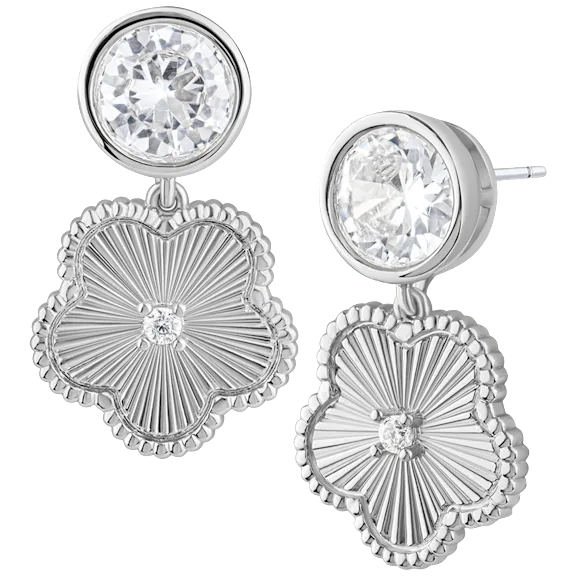 CZ by Kenneth Jay Lane Center CZ Bezel Set Striated Clover Drop Earrings