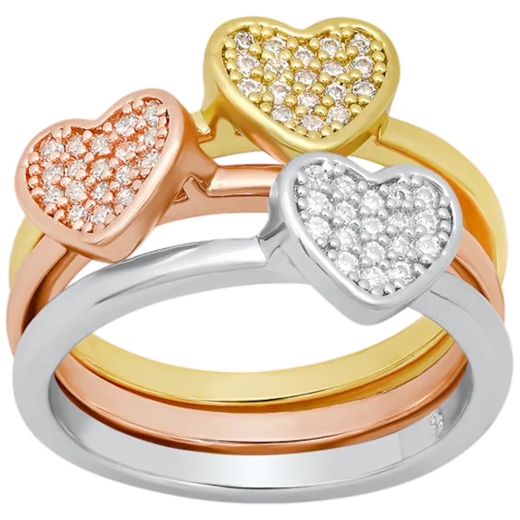 Steeltime Ladies Tri-Tone Brass Simulated Diamond Heart Shape 3-Piece Ring Set