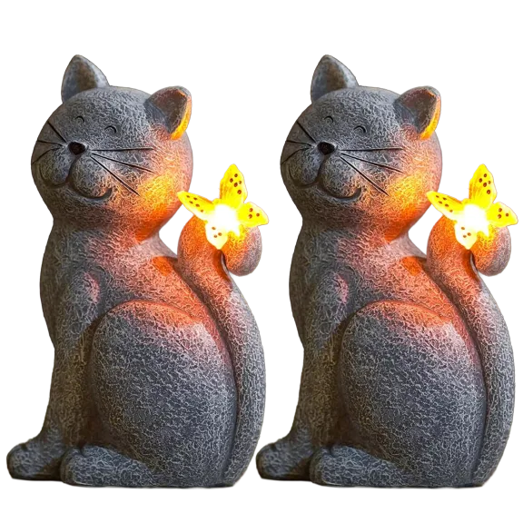 2-Pack: Nacome Outdoor Garden Cat Statue with Illuminated Solar Butterfly