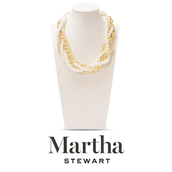Martha Stewart Four Twisted Strand Pearl and Chain Necklace Gold 18-21"