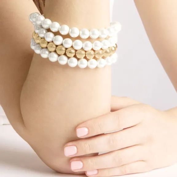 Martha Stewart Four Strand Pearl and Gold Ball 7" Bracelet