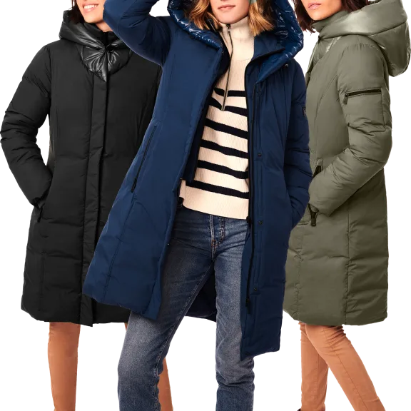 Bernardo Mid-Length Hooded Puffer Jacket with Bib