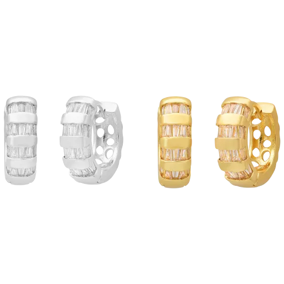 Steeltime Set of 2 Tapered Baguette Simulated Diamond Brass Huggie Hoop Earrings