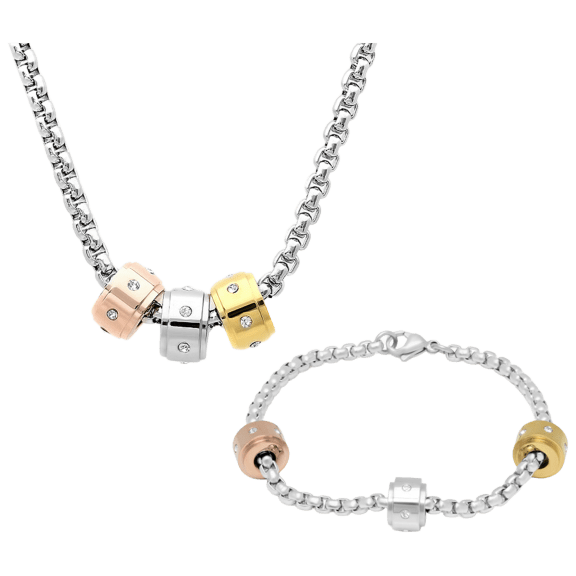 Steeltime Juego de Pulsera y Collar con Dijes Tricolores y Cristales