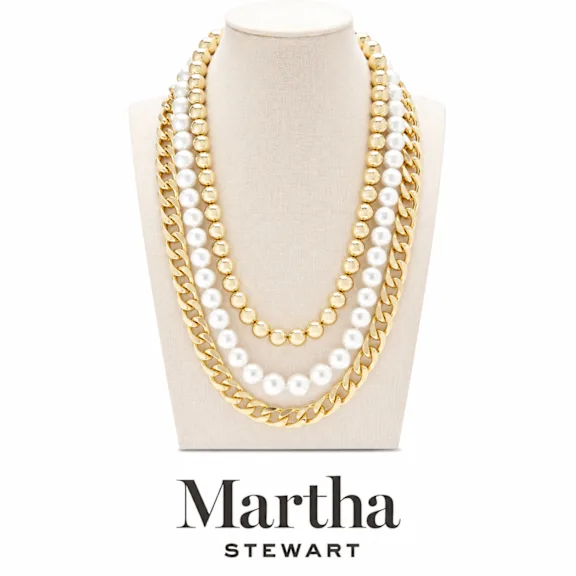 Martha Stewart Three Strand Pearl, Gold Ball and Chain Gold Necklace, 18"