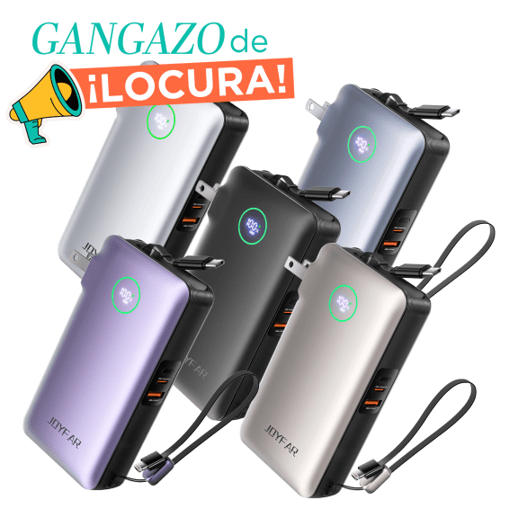 JOYFAR Batería Portátil GaN 10,000 mAh 35W con Enchufe y Cable USB-C Retráctil