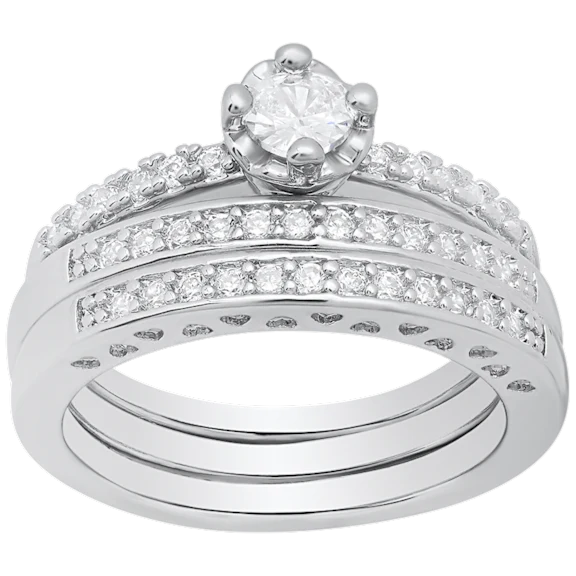 Steeltime Ladies 18K White Gold Plated Simulated Diamond Engagement Ring Set