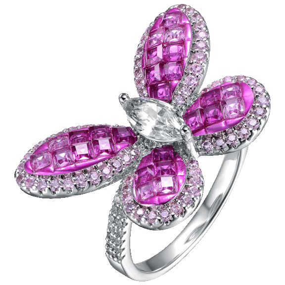 Genevive Sterling Silver Rhodium Plated CZ Butterfly Ring in Ruby and Sapphire