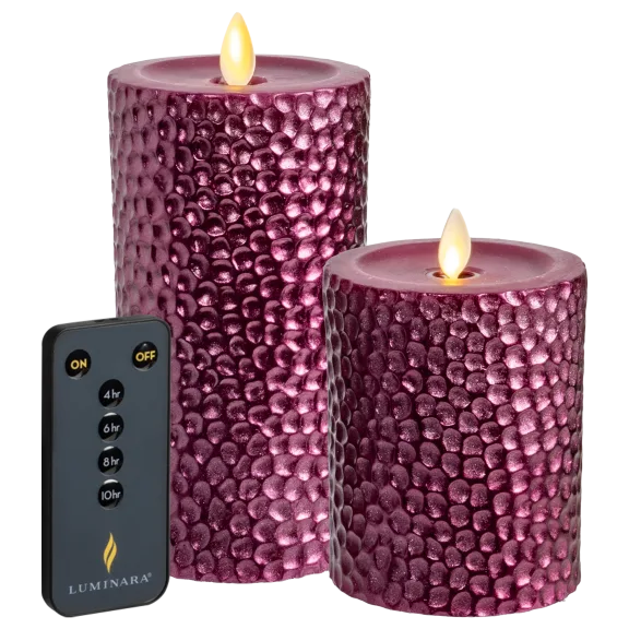 Luminara 2-Piece Flameless 4" and 6" Metal Hammered Pillar Set
