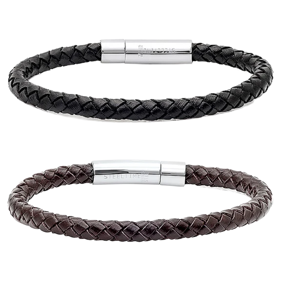 Steeltime Set de 2 Pulseras Hombre Trenzadas de Cuero Genuino