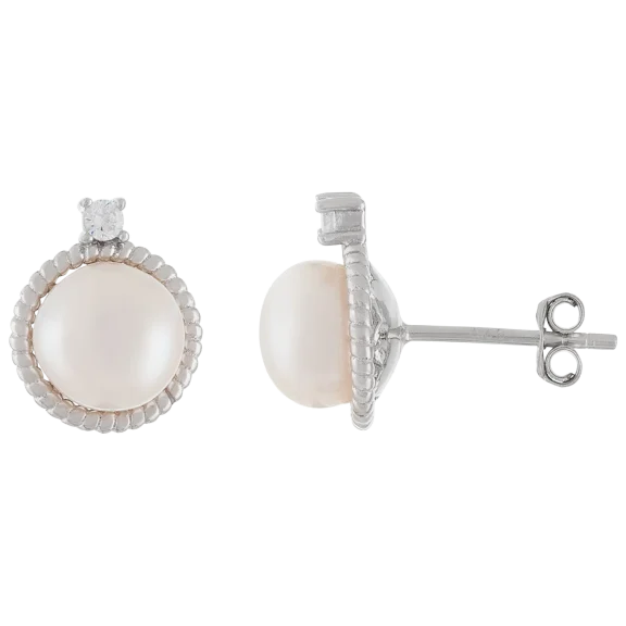 Splendid Pearls Pearl Stud Earrings with Sterling Silver Twisted Halo
